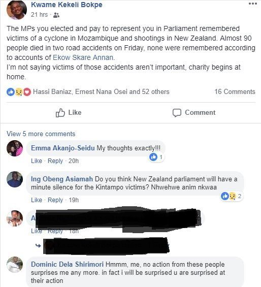 Ghana MPs chided for ignoring their own and marking New Zealand and cyclone tragedies