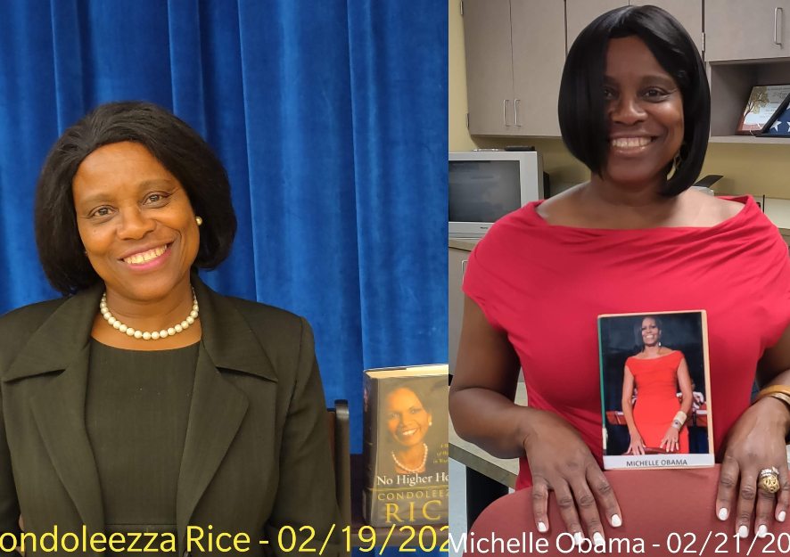 Angela Riley-Maxwel dressed as Condoleezza Rice(Left) and Michelle Obama(Right)