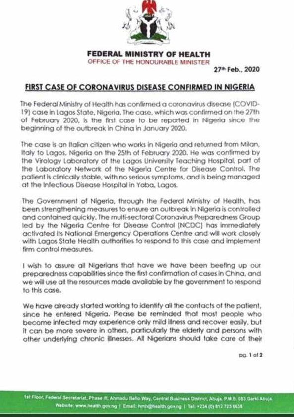 Nigeria confirms first case of Coronavirus in West Africa