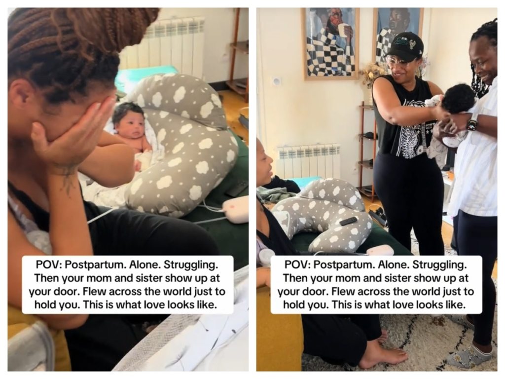 Viral moment mom in Paris struggling in postpartum gets surprised by(00)
