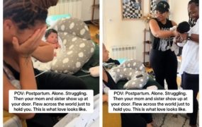 Viral moment mom in Paris struggling in postpartum gets surprised by family visiting from U.S. 