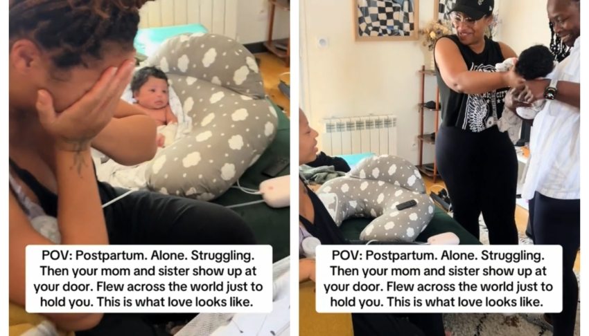 Viral moment mom in Paris struggling in postpartum gets surprised by family visiting from U.S. 
