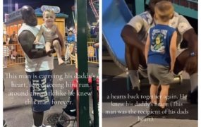 Touching moment 3-year-old boy forms bond with man who received his late father’s heart