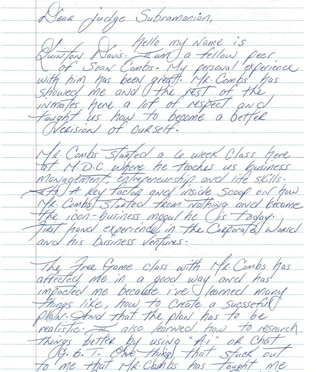 A handwritten letter from a prisoner reviewing Diddy's class in jail, stating it taught respect and how to become a better version of themselves.