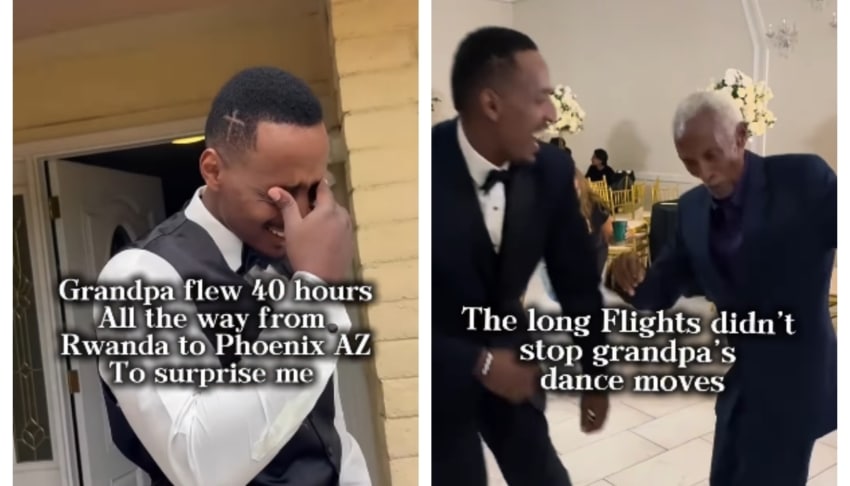Groom reveals how his 93-year-old grandfather flew 40 hours to surprise him at his wedding
