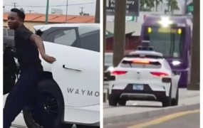 Passenger hastily exits driverless Waymo car after it starts moving on light rail tracks: Video