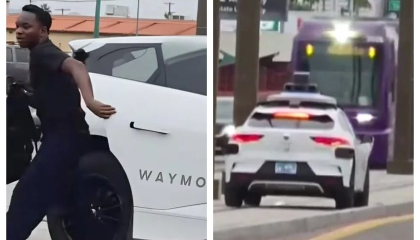 Passenger hastily exits driverless Waymo car after it starts moving on light rail tracks: Video