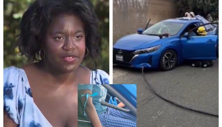 Woman miraculously survives after a loose pole flew at her car and impaled her while driving