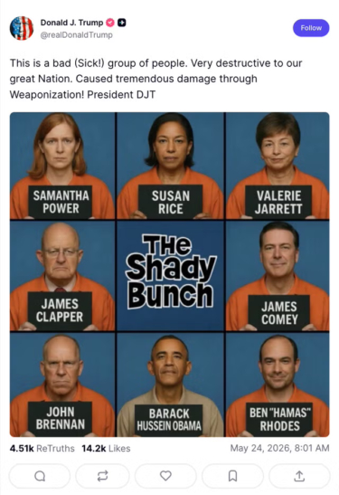 President Trump shares AI mugshot of Obama on Truth Social - Face2Face ...